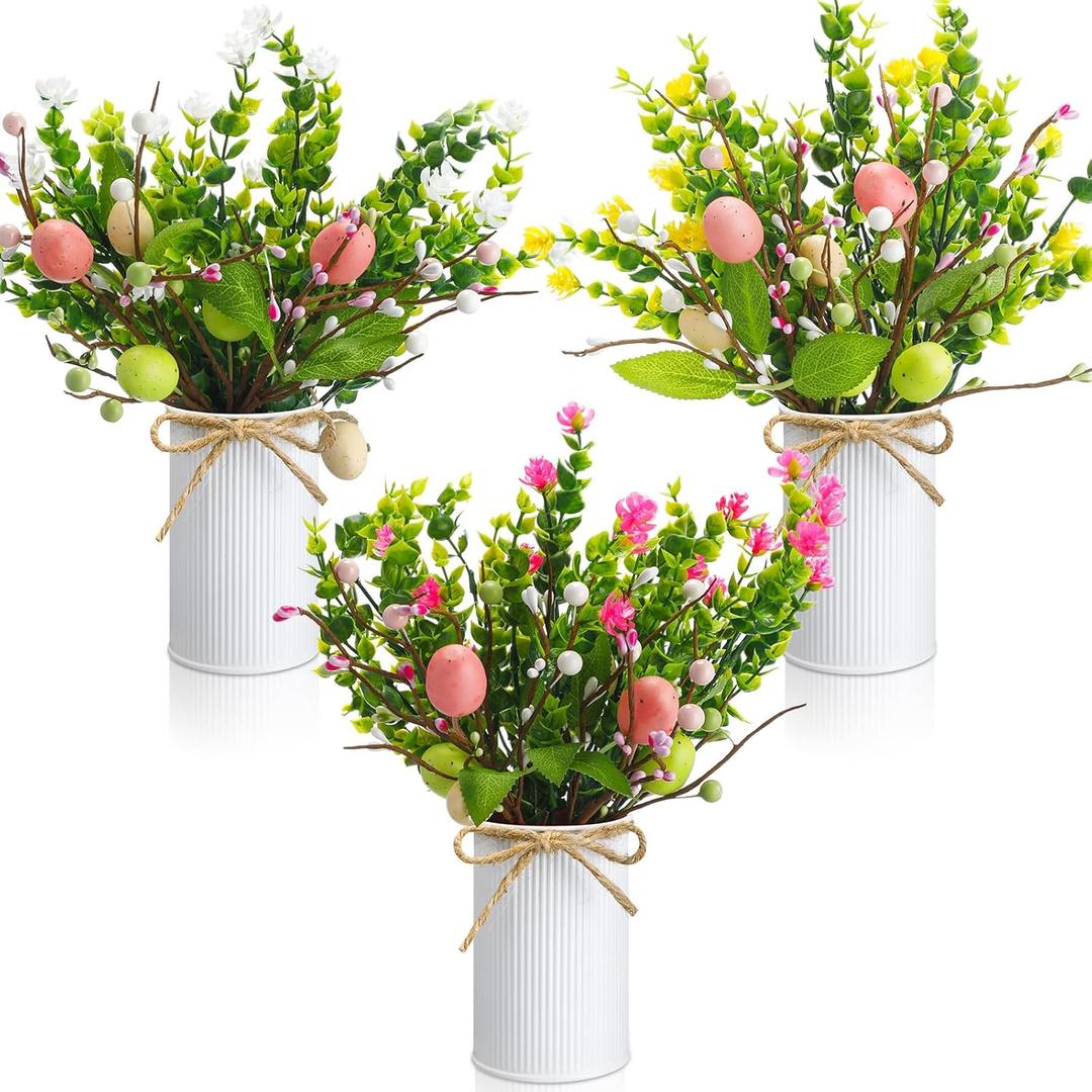 Riceshoot 3 Set Easter Table Centerpiece Artificial Egg Picks with Metal Pots Easter Sprays with Eggs Berries Eucalyptus Flowers Plants for Spring Home Decor(White)