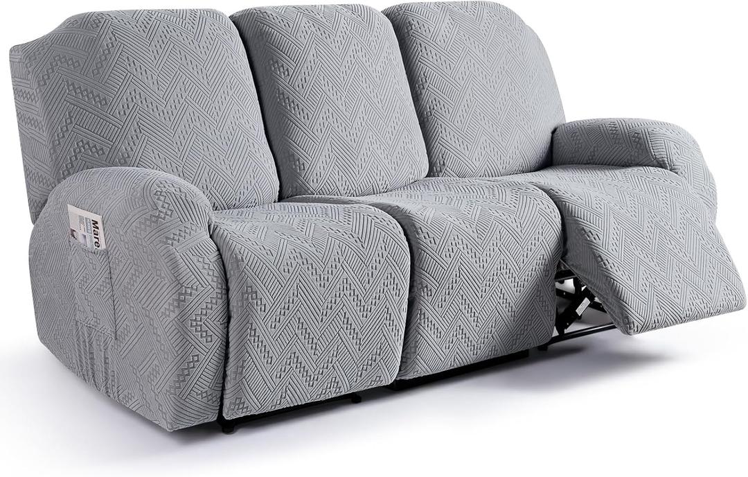 Ruaozz Recliner Sofa Covers Recliner Chair Covers Couch Covers for Reclining Couches with Pockets Washable Furniture Protector with Elastic Bottom (3 Seater, Light Grey)