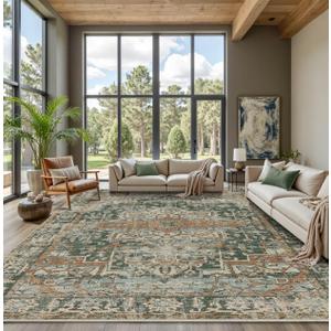 9x12 Area Rug for Living Room Bedroom, Extra Large Washable Rug, Green Vintage Retro Boho Rug, Non Slip & Low Pile Faux Wool Carpet for Indoor Dining Room and Kids Room(Green/Brown 9x12ft)