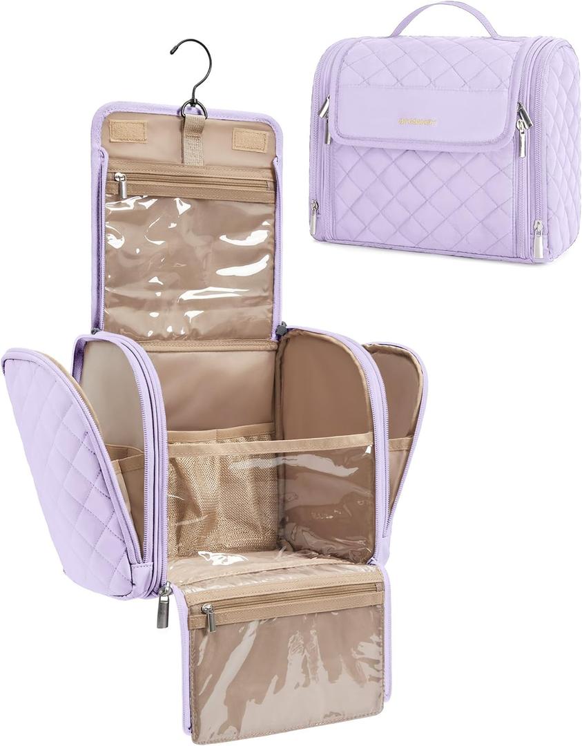 BAGSMART Travel Toiletry Bag, Large Capacity Cosmetic Bags for Women with Hanging Hook, Water-resistant for Toiletries Accessories Brushes Sponge, With Handle (Lavender Purple)