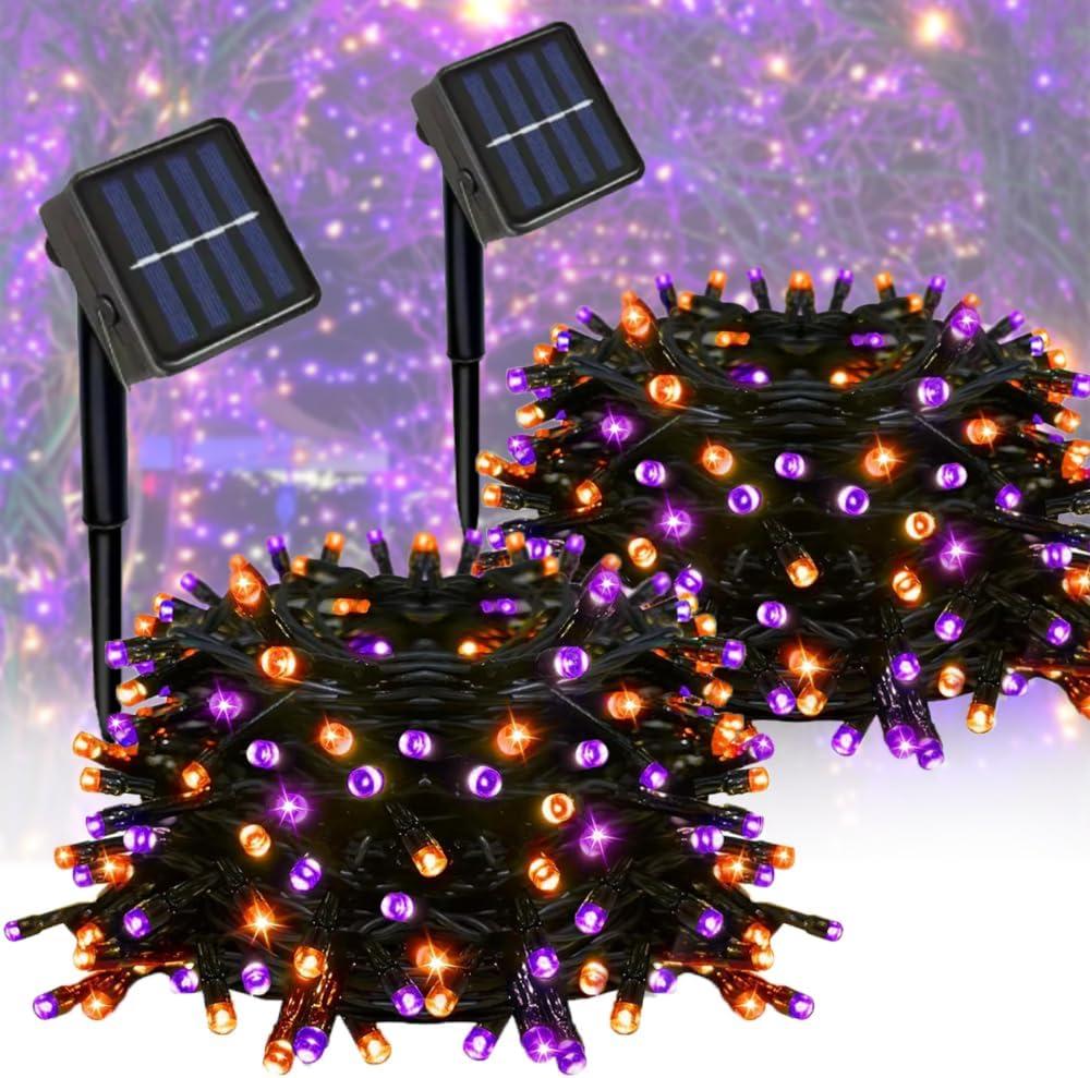 2-Pack 200LED Solar Halloween Lights，Orange& Purple String Lights，Solar Fairy Lights with 8 Modes，Halloween Lights Outdoor Waterproof for Bedroom Patio Garden Party Yard Decoration