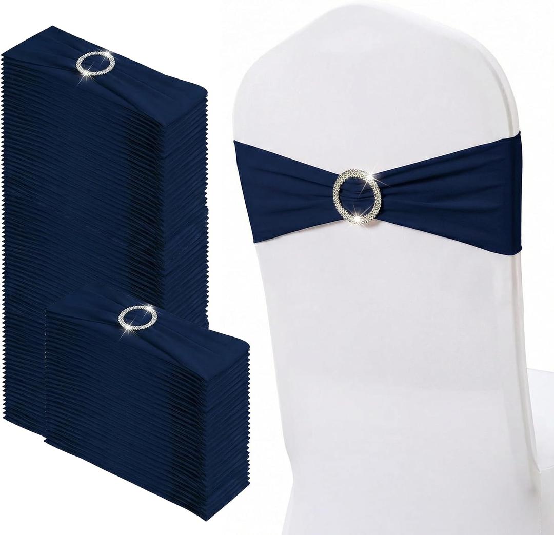 150 Pack Spandex Stretch Chair Sashes Bows, Elastic Stretch Chair Cover Bands Ties with Buckle Slider for Wedding Party Ceremony Reception Event Banquet Decoration (Navy Blue)