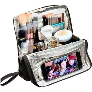 standing Makeup Bag, Compact Yet Spacious Cosmetic Organizer, Waterproof Toiletry Bag with Divider, Brush Holder, Upright Design & Phone/Mirror Holder, Portable Travel Case,black