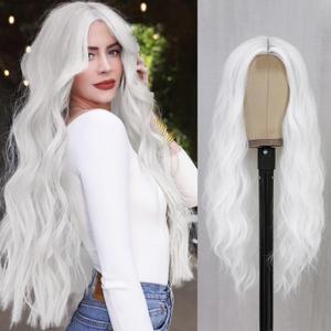 White Wig - Long White Wavy Wigs for Women Middle Part Cosplay Wigs 26 inch Natural Curly Synthetic Wig Heat Resistant Fiber Wigs for Daily Party Use