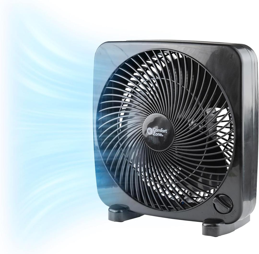 Comfort Zone Box Fan, 9 inch Portable Desk fan, Quiet 3 Speed Mini Fan for Bedroom, Electric Bedside Table Fan, Black