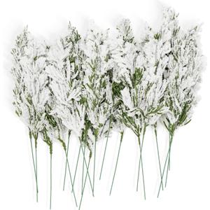 24 Pcs Christmas Snowy Artificial Pine Branches,10.5" Faux Frosted Evergreen Norfolk Pine Sprigs Cypress Leaves Fake Foliage Greenery Picks for Xmas Wreath Making DIY Crafts Decor (24, Snow White)