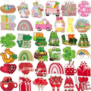 72 Pcs Valentine's Day Hanging Ornaments for Tree St. Patrick's Day Shamrocks Gnome Hanging Ornaments Happy Easter Egg Gnome Bunny Chick Cutouts Party Decorations(Flat Style,Wood)