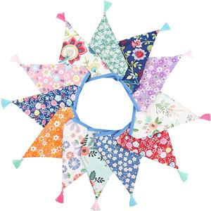 G2PLUS 10.8Ft Cotton Triangle Bunting Banner – 12pcs Multicolor Floral Fabric Pennant Flag with Tassels, Double Side Triangle Banner Garland for Weddings, Birthdays, Garden & Baby Showers