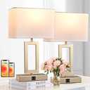 Set of 2 Table Lamps with Dual USB Ports,Touch Control for Bedside and Nightstand in Bedroom, 3-Way Dimmable Modern for Desk, Living Room, Office, LED Bulbs Included, Gold&White (Medium, White&Gold)