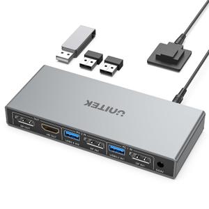 Unitek KVM Switch 2 Monitors 2 Computers DisplayPort, Dual Monitor DisplayPort KVM Switch 4K 60Hz with 4 USB 3.0 Ports for Keyboard Mouse Hard Drives Printer, Home Office Gaming, Grey