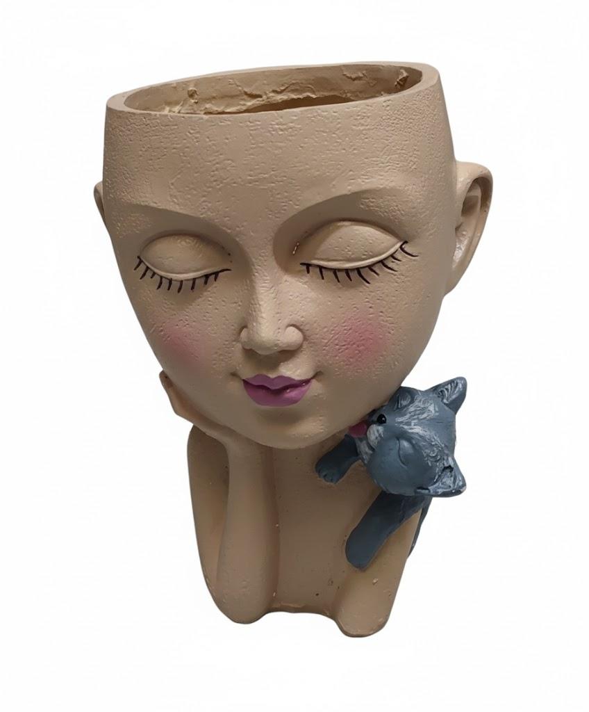 Head Planter with Drainage Hole, Resin Art Vase, Cute Lady Hugging Cat Succulent Flower Pots, Unique for Indoor Outdoor Decor, 7.28in