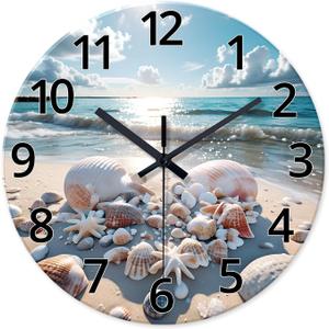 XNM Round Glass Wall Clocks Battery Operated 20 Inch Coastal Analog Large Wall Clocks for Living Room Blue Beach Wall Clock Silent