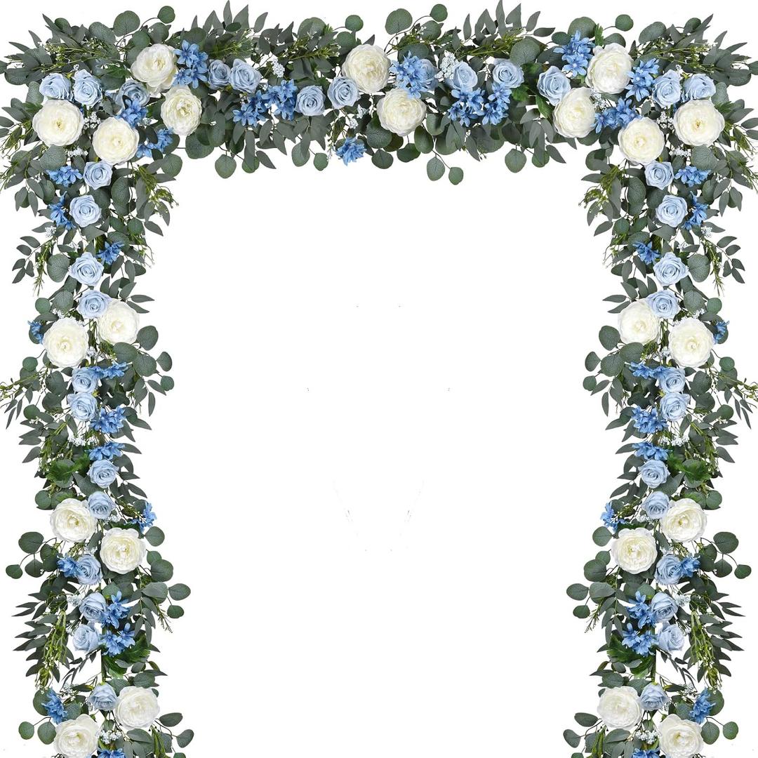 DearHouse 2Pcs Artificial Peony Flower Garland and - Silk Peony Garland with Flowers and Eucalyptus for Wedding Party Table Decoration,6ft/Strand (Blue)