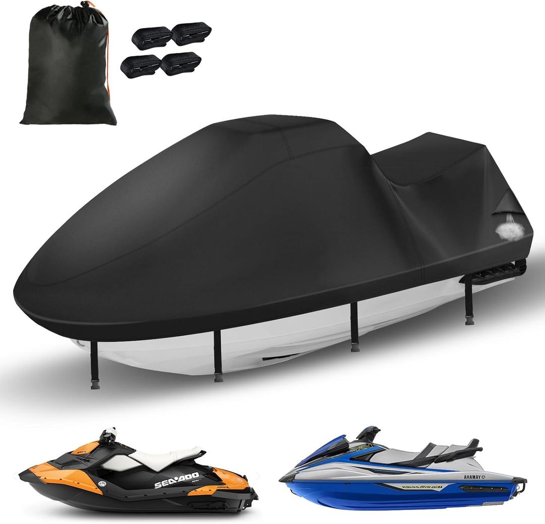 Jet Ski Cover, Durable 420D Jetski Covers 2 3 Seater Waterproof, UV Resistant Jetski Cover with 2 Air Vents, 4 Windproof Buckles, All Weather Universal Cover for Yamaha Seadoo (115"-120") (Black)