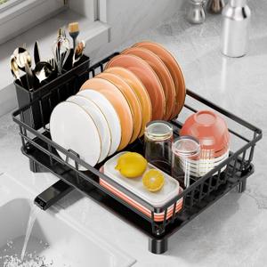 Dish Drying Rack for Kitchen Counter, Stainless Steel Drainer Anti Rust, Smart Drainage System Drainboard with Detachable Cutlery Holder, Handwash Dish Helper for Home, Apartment Space Saving (Small, Black)