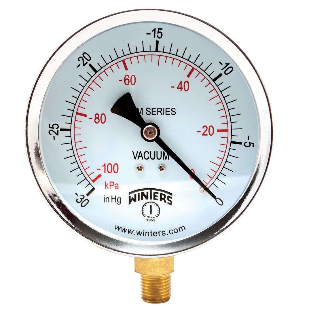 Winters 4 inch Dial Size, Multi Function Economy Utility Dry Pressure Gauge, Brass Internals, Steel Case, Dual Scale 30 inch Hg-0 Vac/kPa, 3-2-3% Accuracy, 1/4" NPT Bottom Mount, Vacuum Pressure Gauge