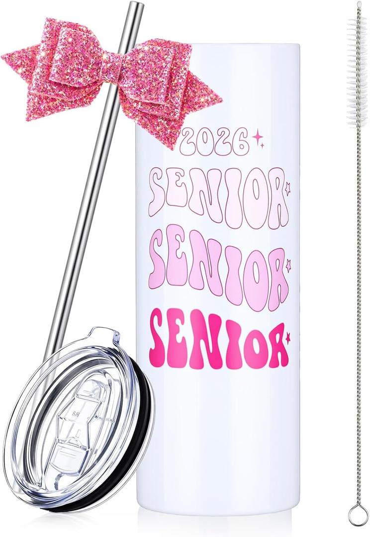 Hushee Class of 2026 Senior Night Gift 20 oz Graduation Tumbler Stainless Steel Insulated Travel Mug and Lid with Straws, Bow Senior 2026 Tumbler Graduation Gift for Her Women Team Coach (Pink)