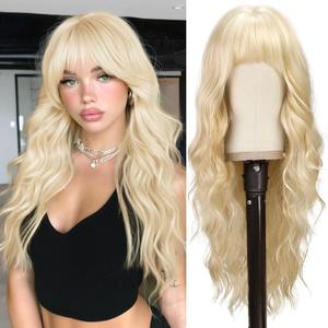 BARSDAR Long Wavy Blonde Wig With Bangs - 26 Inch Long Wavy Blonde Wig with Bangs for Women - Thick Soft Synthetic Hair Replacement Wigs Natural Looking Daily Cosplay Party Halloween