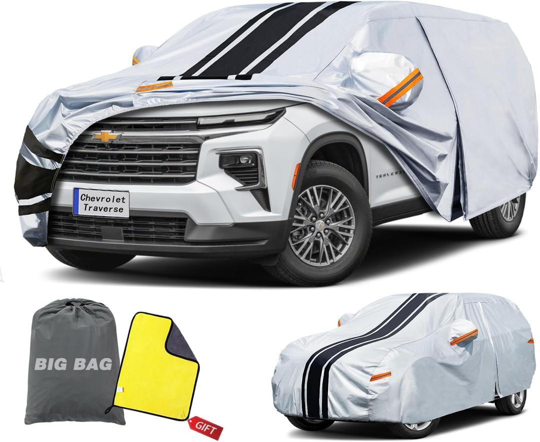 Large SUV Car Cover Custom Fit for Chevy Chevrolet Traverse (2009-2025) Waterproof All Weather for AutomobilesOutdoor Full Exterior Cover Rain Sun Snow UV Protection. (Silver)
