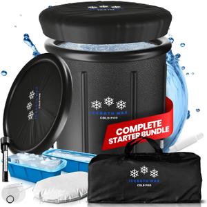 Cold Plunge Tub for Athletes - Complete Starter Bundle: Portable Ice Bath, 2x Reusable Ice Blocks, Thermometer, Ice Tub for Outdoor Cold Water Therapy - Indoor & Outdoor Inflatable Ice Bath (Black)