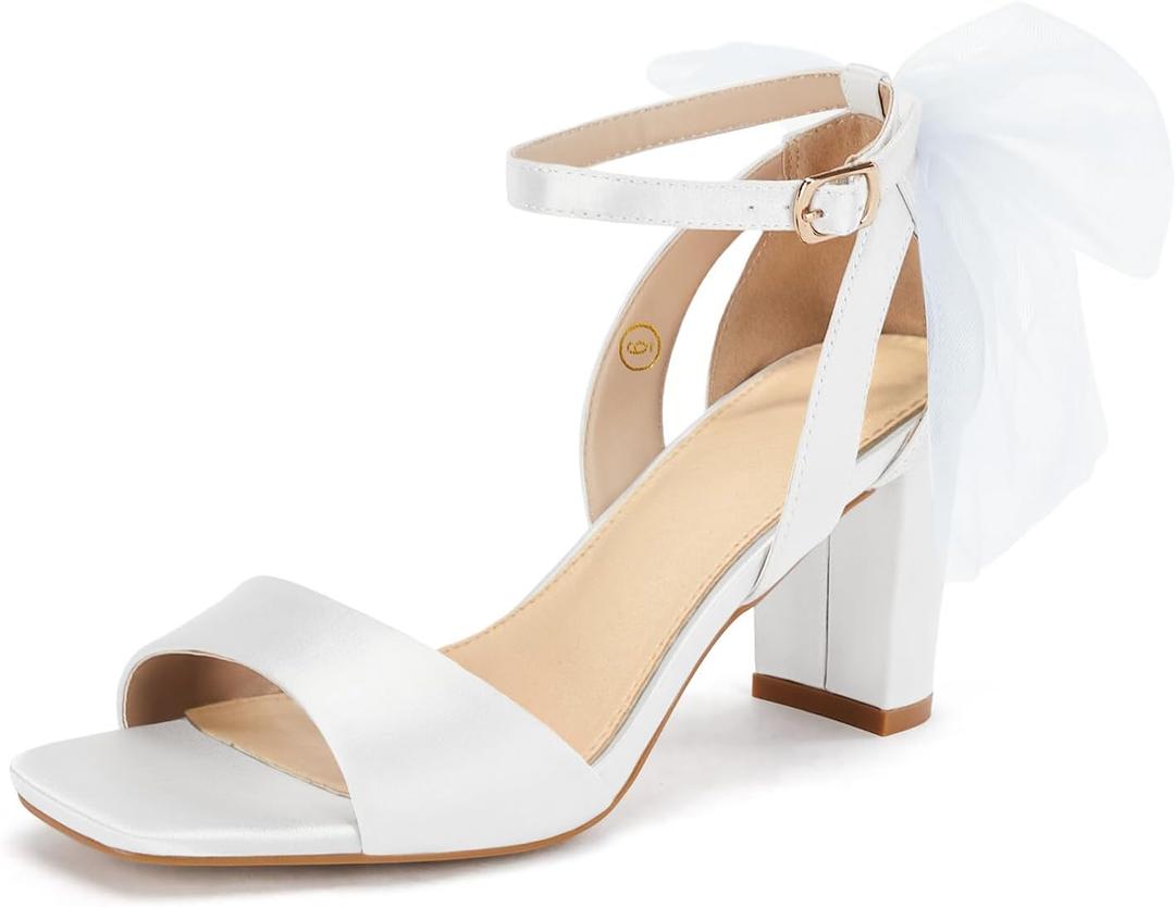 Coutgo Women's Bow Tie Heeled Sandals Chunky Heels One Strap Satin Ankle Buckle Dress Wedding Shoes (8.5, White)