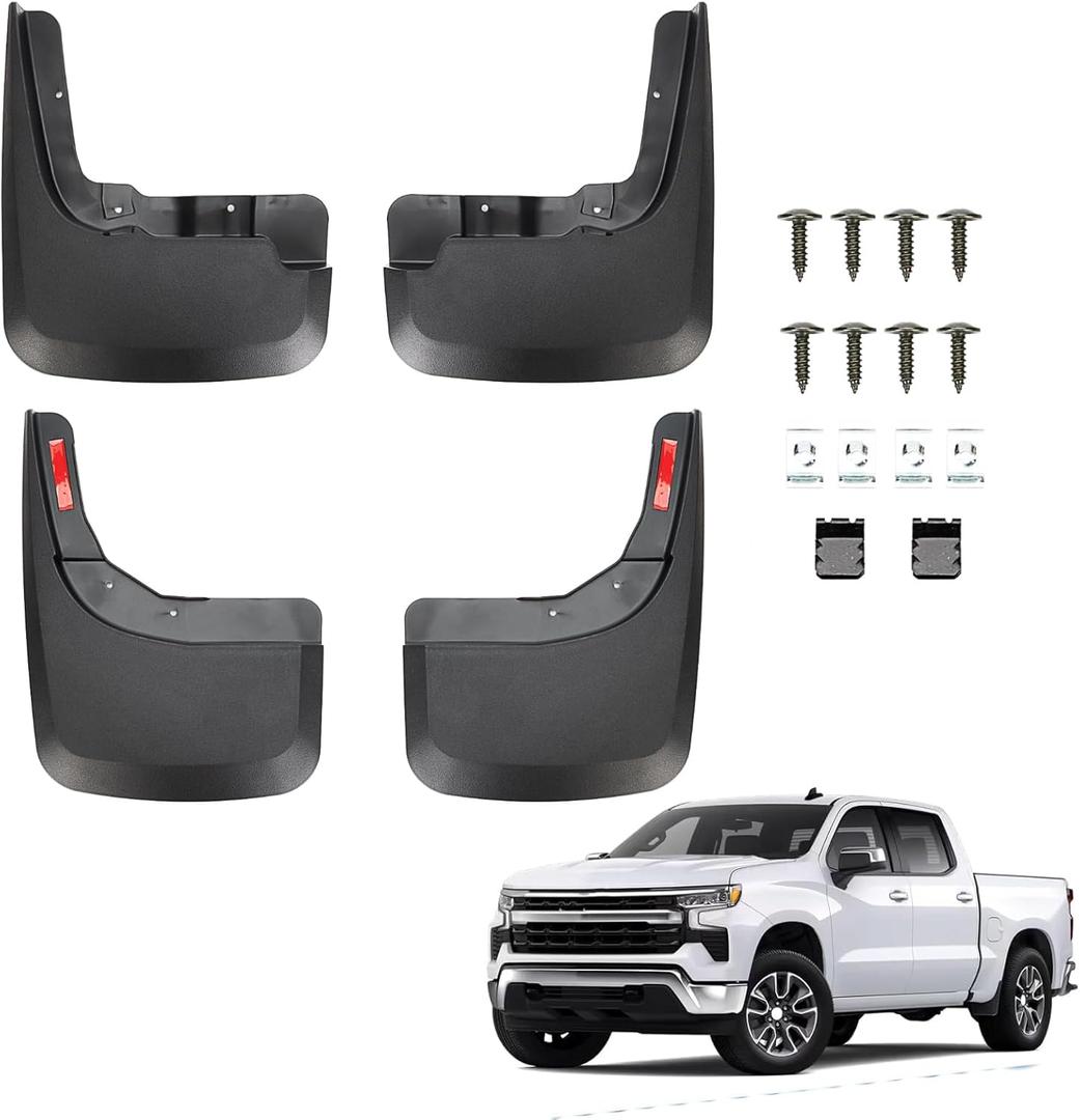Mud Flaps Compatible with Chevrolet Silverado 1500 2019-2024 Pickup (Without Fender Flares) No-Drill Front & Rear Side 4PCS Mud Splash Guard Accessories