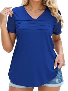 Womens Tops Plus Size Summer Fashion Pleated Shirts Casual Comfy V Neck Tees Royal Blue 2XL