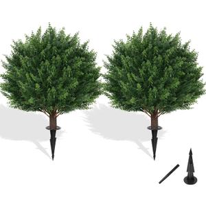 Grooy Artificial Cypress Topiary Tree with Ground Spike, Set of 2 Artificial Shrub Bushes, Fake Evergreen Tree for Porch, Artificial Plants for Outdoor Planters Indoor UV Resistant