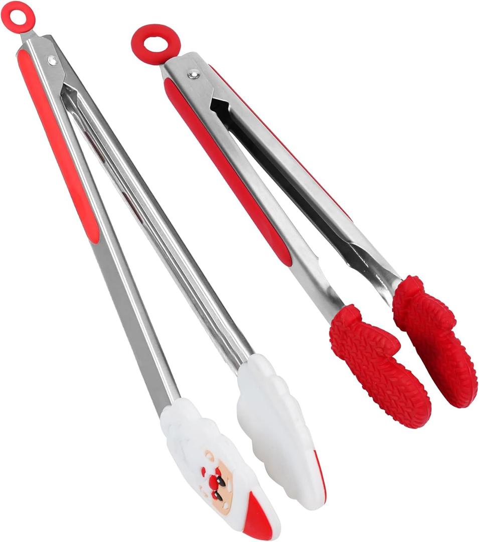 Kitchen Tongs, Premium Stainless Steel, Food-Grade Silicone Tips with Christmas Design, Heat Resistant 500F, 2-Piece Set (9'' and 12'')