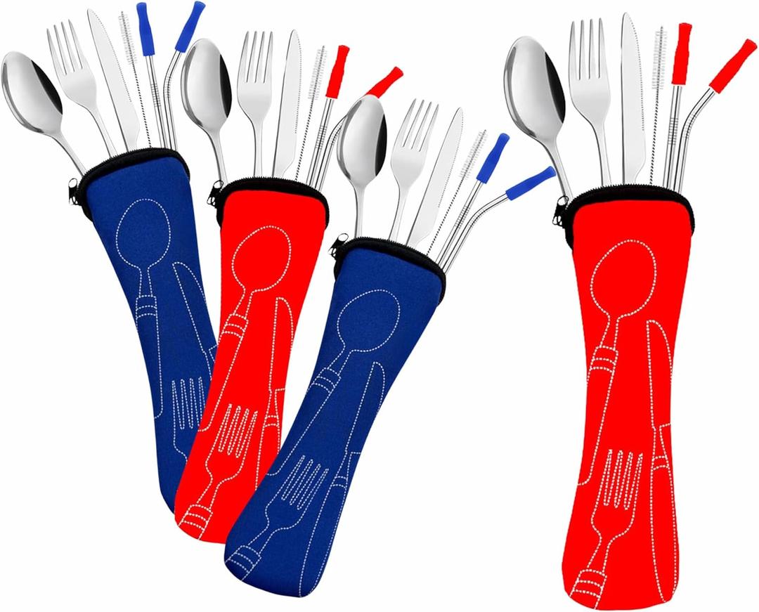 Travel Utensils Set with Case 4 Pack, Reusable Stainless Steel Portable Cutlery (Fork, Spoon, Knife, Straws & Cleaner) for Work, Dorm, Camping, Lunch Box, Compact Durable Silverware by Ecoberi (Blue-Red)