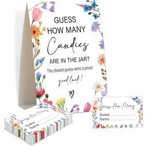 Baby Shower Games - Wildflower Guess How Many Candies Are in the Jar Game, 1 Sign and 50 Guessing Cards, Gender Reveal Game, Floral Baby Shower Decoration Supplies (KA01)