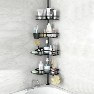 Corner Shower Caddy Tension Pole,4-Tier Rustproof Bathroom Organizer Shelves,Adjustable Floor Standing Bath Rack Holder,Waterproof Bathroom Storage Accessories for Bathtub,Black