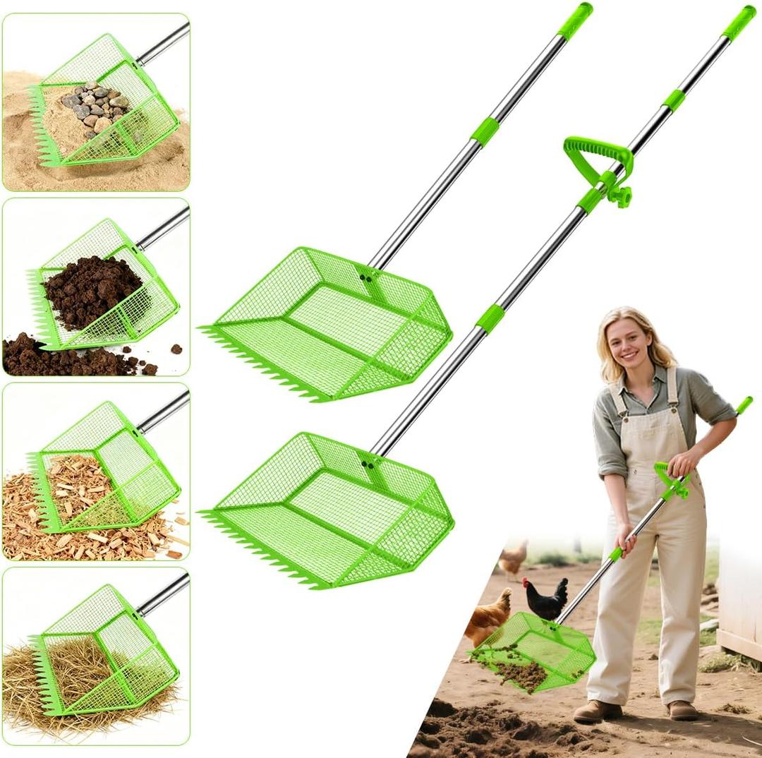 2026 Upgraded 2-in-1 Chicken Poop Scooper & Rake with Handle, 12inch Heavy-Duty Metal Chicken Coop Scoop for Sand Sifting Shovel Litter Scooper for Farm House Chicken Coop Cleaning Tools Accessories (Green)