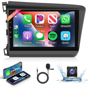 2+64G Android Car Stereo for Honda Civic 2012 2013 2014 2015 with Wireless Carplay Android Auto Car Radio, 9 Head Unit Touch Screen with Mirror Link WiFi GPS Bluetooth FM/RDS EQ Backup Camera SWC
