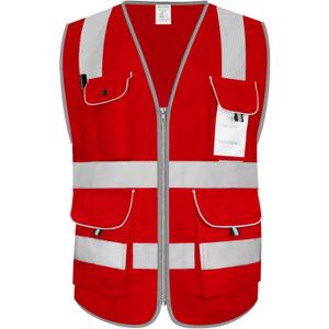 8 Pockets High Visibility Full Zip Red Safety Vest for Men Women, Heavy Duty Work Vest with Reflective Strips, Meets ANSI/ISEA Standard, X-Large