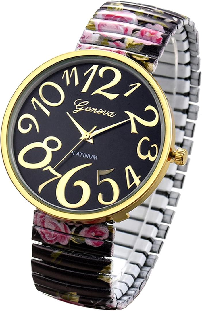 JewelryWe Women's Big Dial Easy Reader Watch Floral Elastic Stretch Band Wristwatch (Black)