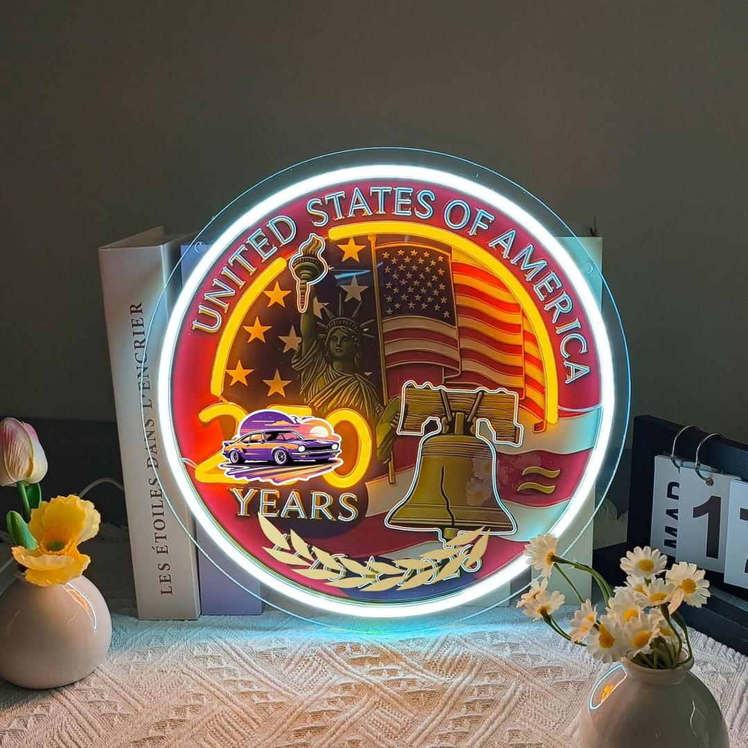 United States 250th Anniversary Neon Sign, July 4th 2026 Usa 250th Anniversary Neon Light LED Patriotic Eagles Sign, for United States Birthday History Commemorate Bar Bedroom Party(12.9 * 12.9 In)