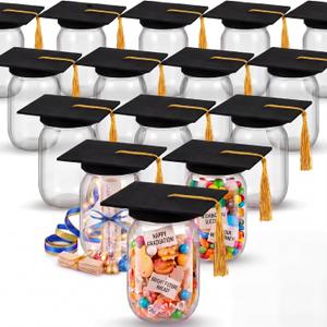 Amyhill 16 Sets Graduation Cap Candy Jar 12 oz Plastic Mason Jars Candy Containers for Class of 2026 Table Centerpieces Graduation Party Favors (Black)