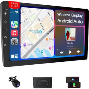 9" Double Din Car Stereo - Wireless Apple CarPlay & Android Auto, HD Touchscreen Car Radio with Backup Camera, Bluetooth 4.1, Mirror Link, 2+64GB, GPS Navigation, Voice Control, WiFi, FM/AM/RDS