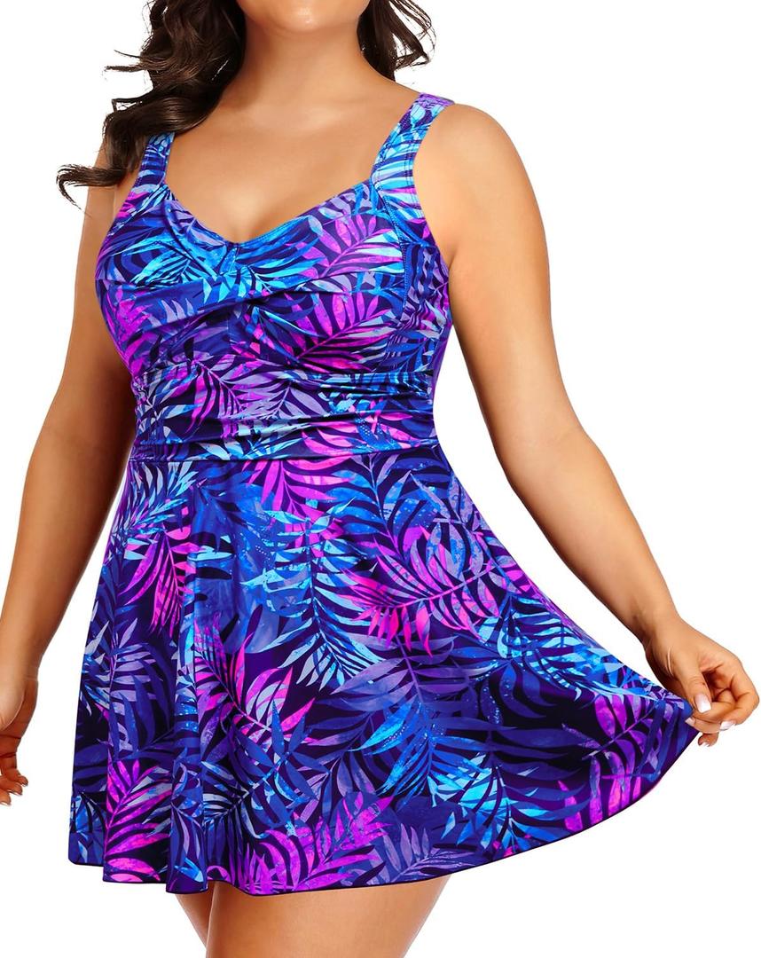 Tempt Me Women's Plus Size Swim Dress - One Piece Swimsuits Tummy Control Bathing Suit Swimwear 2025 (Blue Purple Leaves) 18W