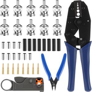 Coaxial Cable Tool Kit,BNC Crimp tool with 10PCS BNC Crimp Male Connector,Coaxial Cable Stripper Cutter,Wire Cable Cutter and Heat Shrink Tube for RG58/RG59/RG62/RG174