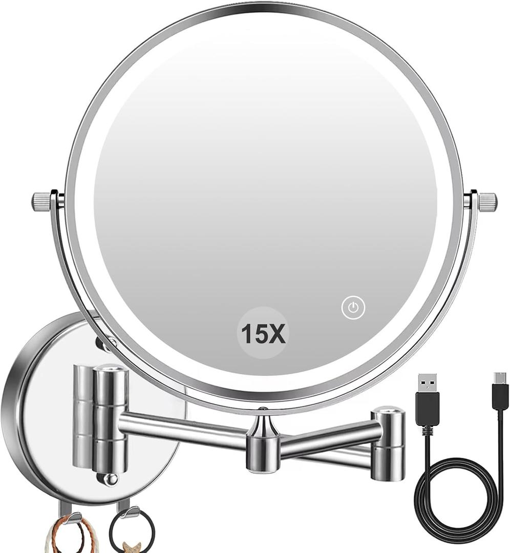 1/15 Wall Mounted LED Makeup Mirror Magnifying Makeup Mirror 3500 mAh Rechargeable, Touch Dimmable 3 Color Lights, 8 Double Sided 360 Rotation, Ideal for Hotel and Bathroom (Silver)