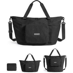 BAGSMART Foldable Travel Bag, 37L Expendable Personal Item Bag, Lightweight Weekender Bags for Women, Water Resistant Extra Carry on for Travel, Black