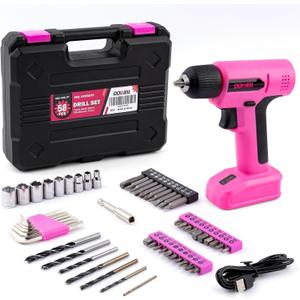 DOWELL 8V Cordless Drill Tool Set 58 PCS, Built-in LED, Variable Speed, Type-C Charge Cable, Blow Molded Case, for DIY, Home Maintenance & Light Drilling, Pink