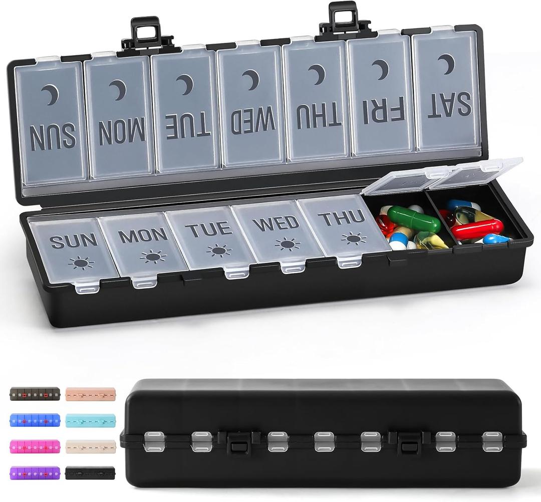 [Foldable & Dual Protection] Weekly Pill Organizer 2 Times A Day with Etched Labels, AM PM 7 Day Medicine Container Box, Large Portable Week Travel Pill Case for Daily Medication, Vitamin -Black