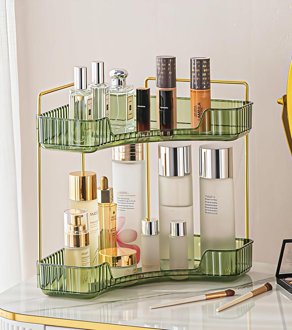Corner Bathroom Counter Organizer Bathroom Countertop Shelf Makeup Organizer for Vanity Perfume Tray for Corner Storage (2 Tiers, Green)