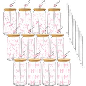 12Pcs Pink Bow Glass Cups with Lids and Straws 16oz Cute Coquette Ribbon Drinking Glasses Cups Iced Coffee Cup for Women Girls Friend Bridesmaid Coffee Tumbler Bridal Shower Gifts