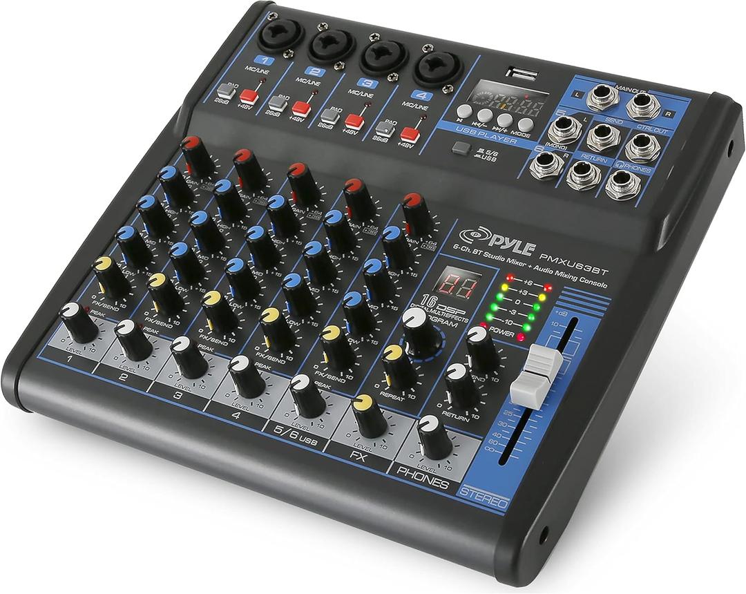 Pyle Professional 6 Channel Audio Mixer with Bluetooth - DJ Sound Board - USB Computer Input - Built-in MP3 Player - 48V Phantom Power - 3 Band EQ - 16-Bit DSP FX - Band, Studio Ready - PMXU63BT