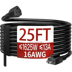 Skrizcable 16/3 25 FT Outdoor Extension Cord Waterproof, Weatherproof & Flame Retardant Black 3 Prong Power Cord Outside for Lawn & Garden, 13 Amps 1625 Watts 125 VAC 16AWG SJTW, ETL Listed