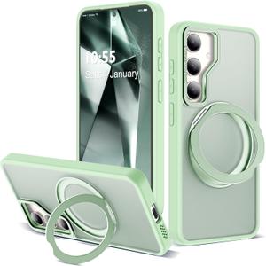 for Samsung Galaxy S25 Case with 360Rotatable Magnetic Ring Stand Compatible with Mag-Safe Military Protection Shockproof Matte Translucent Phone Cases for Samsung Galaxy S25,Green